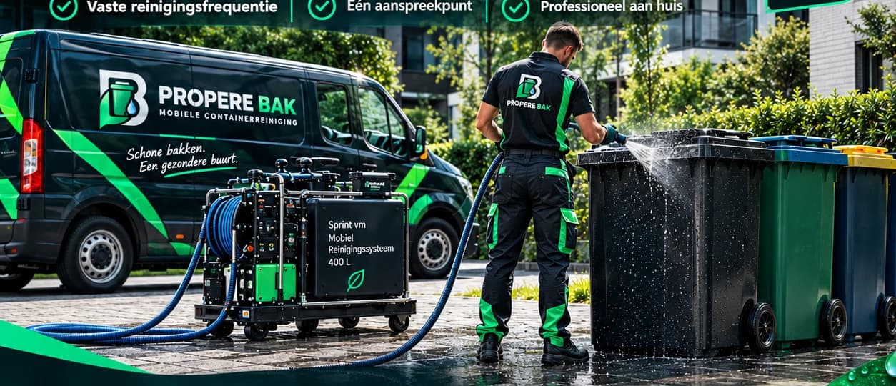 Mobiele reinigingsploeg van Propere Bak bij een appartementsgebouw